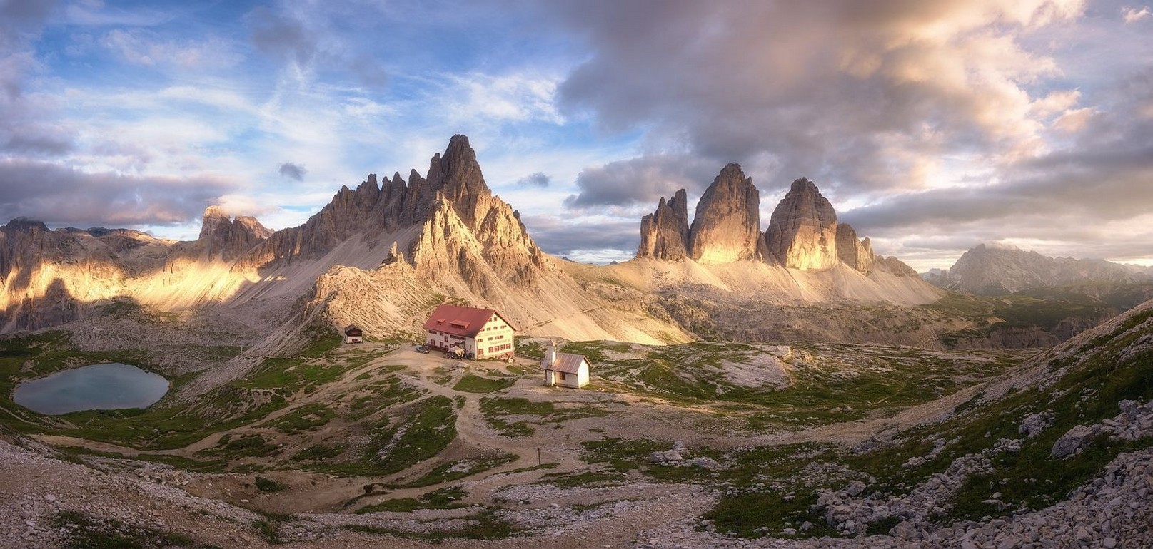 nature, Photography, Landscape, Mountains, Lagoon, Panorama, Summer, Morning, Sunlight, Hotel, Dolomites (mountains), Italy Wallpaper