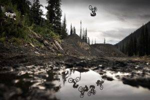 men, Nature, Landscape, Sports, Bicycle, Mountain bikes, Jumping, Water, Puddle, Mud, Trees, Forest, Hills, Photo manipulation, Reflection, Clouds, Upside down, Collage