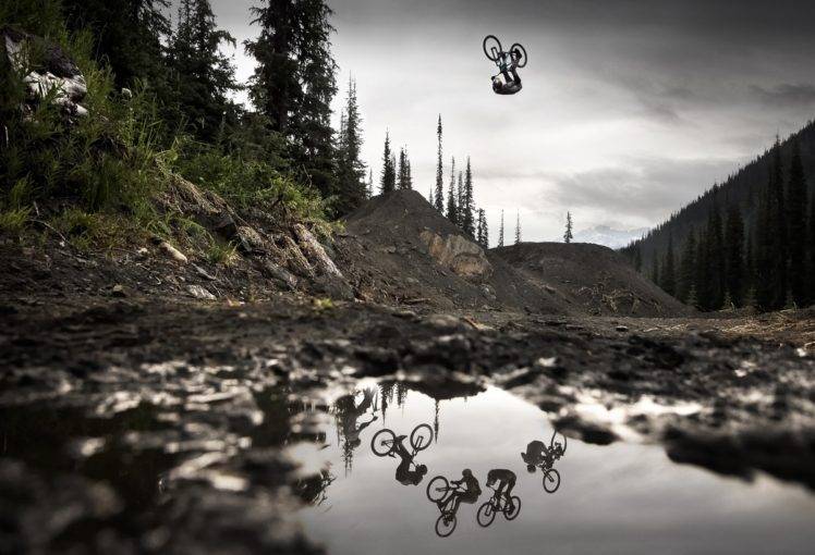 men, Nature, Landscape, Sports, Bicycle, Mountain bikes, Jumping, Water, Puddle, Mud, Trees, Forest, Hills, Photo manipulation, Reflection, Clouds, Upside down, Collage HD Wallpaper Desktop Background