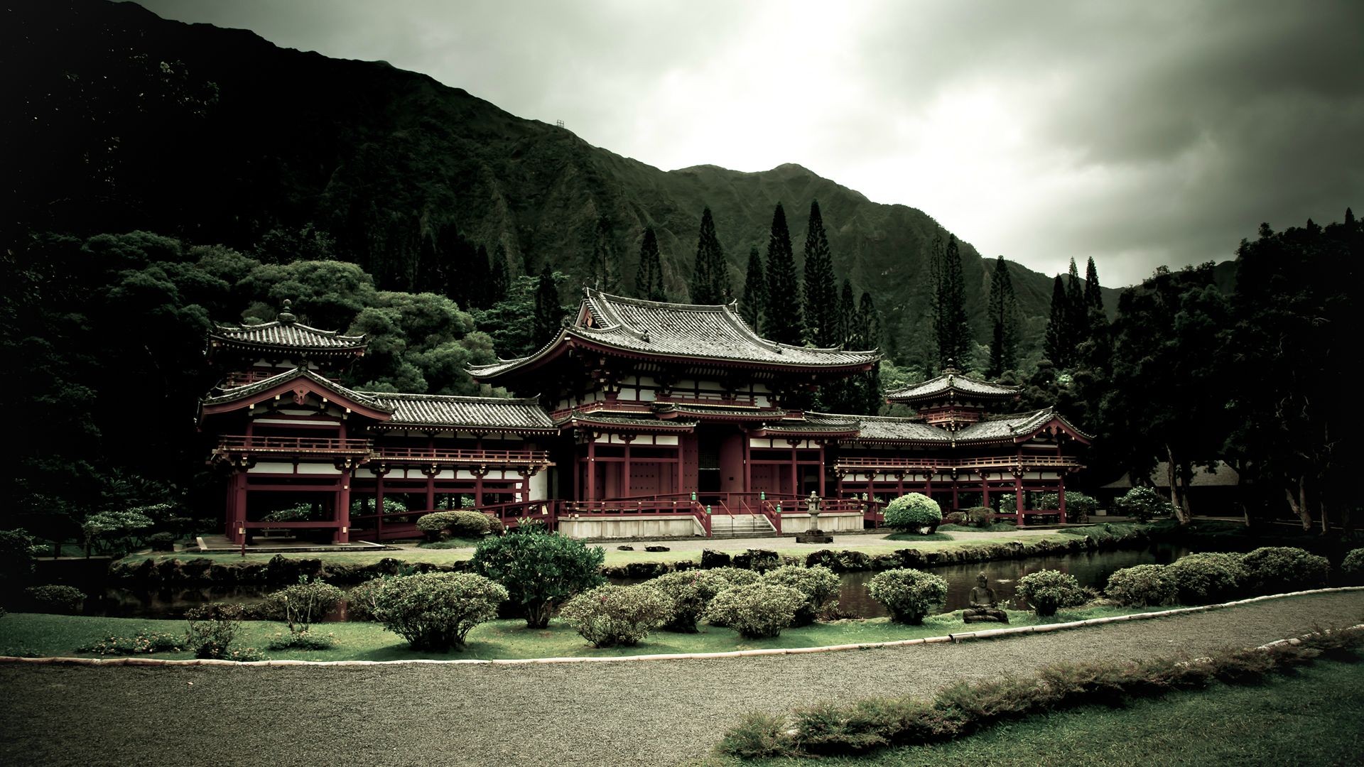architecture, Building, Nature, Landscape, Trees, Asian architecture, Garden, Mountains, Path, Zen, Lake, Plants, Forest, Clouds, Temple, Japan, Filter, The Byodo In Temple Wallpaper