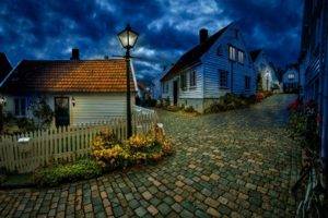 architecture, Building, Nature, Norway, House, Night, Street, Village, Street light, Hills, Clouds, Fence