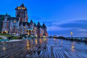 architecture, Building, Nature, Landscape, Trees, Quebec, Canada, Evening, Wet, Wooden surface, Wood planks, Water, Clouds, Reflection, Cannons, Lights,  Château Frontenac, Terrasse Dufferin, Terraces