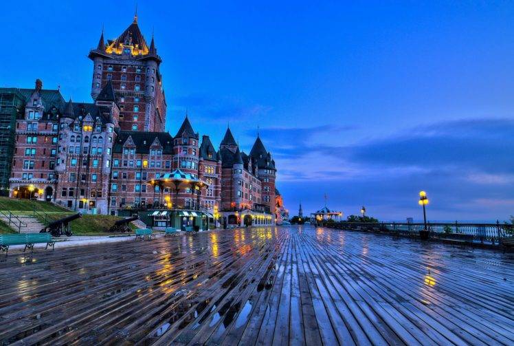 architecture, Building, Nature, Landscape, Trees, Quebec, Canada, Evening, Wet, Wooden surface, Wood planks, Water, Clouds, Reflection, Cannons, Lights,  Château Frontenac, Terrasse Dufferin, Terraces HD Wallpaper Desktop Background