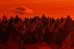 flying saucers, Mountains, Red sky