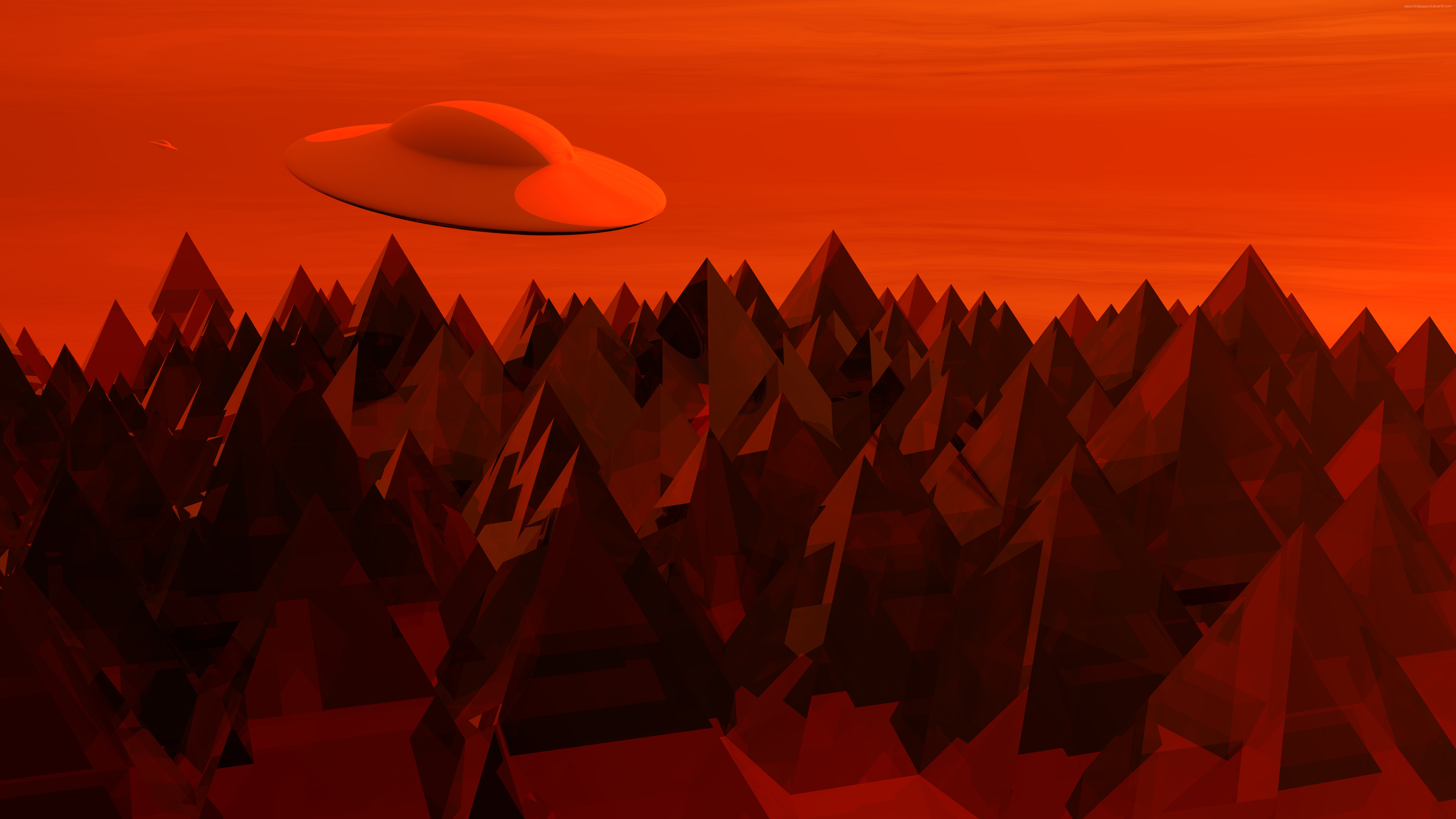 flying saucers, Mountains, Red sky Wallpaper