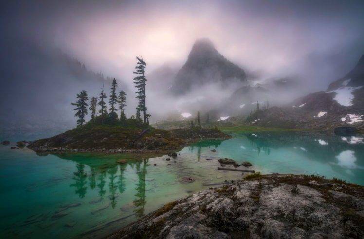 photography, Landscape, Nature, Mist, Lake, Mountains, Morning, Snow, Trees, Canada HD Wallpaper Desktop Background