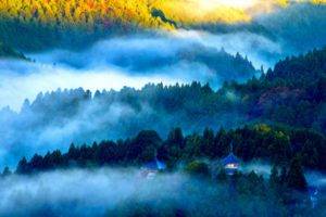 photography, Landscape, Nature, Mist, Morning, Mountains, Forest, Pagoda, Sunlight, Japan