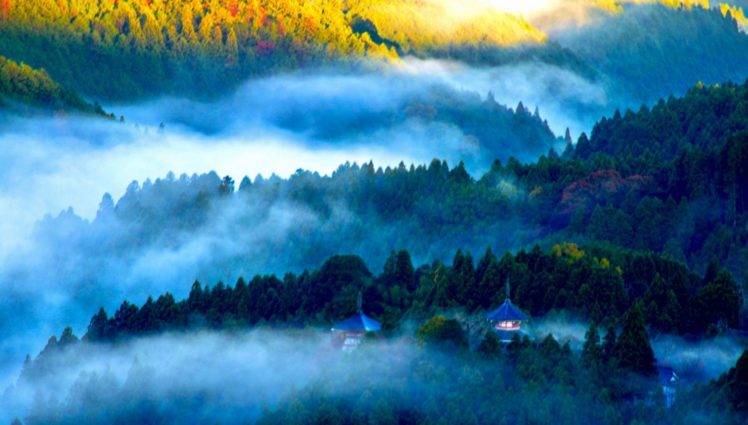 photography, Landscape, Nature, Mist, Morning, Mountains, Forest, Pagoda, Sunlight, Japan HD Wallpaper Desktop Background