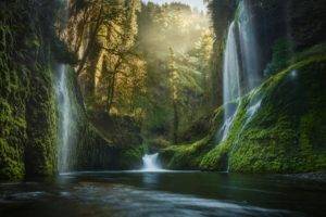 photography, Landscape, Nature, Waterfall, Moss, River, Forest, Morning, Sunlight, Sun rays