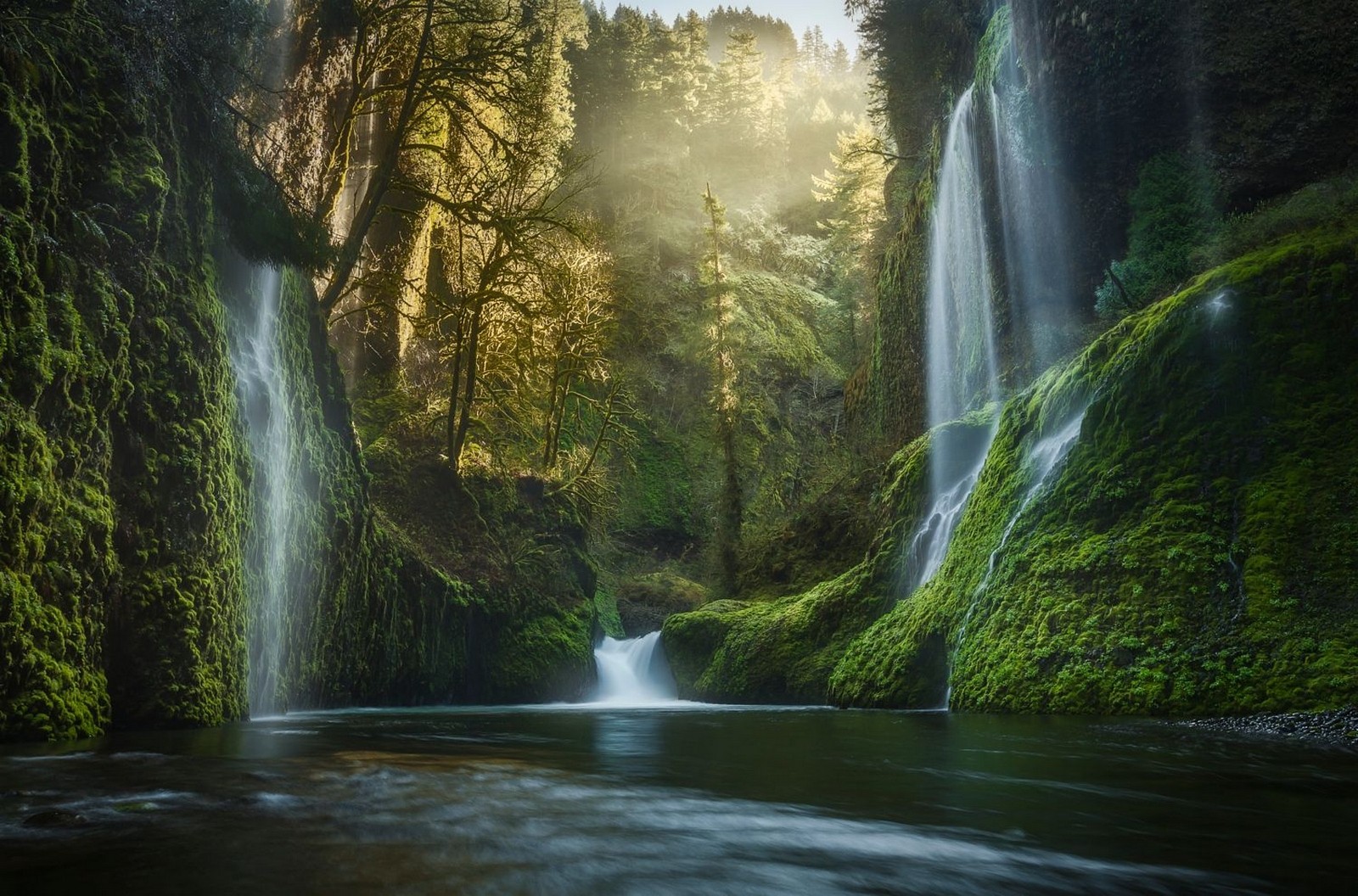 photography, Landscape, Nature, Waterfall, Moss, River, Forest, Morning, Sunlight, Sun rays Wallpaper