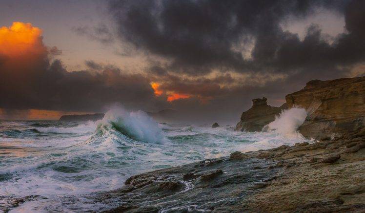 photography, Landscape, Nature, Rocks, Coast, Sea, Clouds, Sunset, Cliff, Waves HD Wallpaper Desktop Background