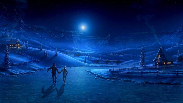 couple, Moonlight, Snow, Winter, Bridge, Frozen river, Mountains HD Wallpaper Desktop Background