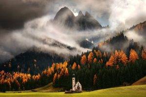 nature, Landscape, Mountains, Clouds, Trees, Italy, Mist, Church, Forest, Fall, Hills, Grass, Field, Valley, Pine trees, Max Rive