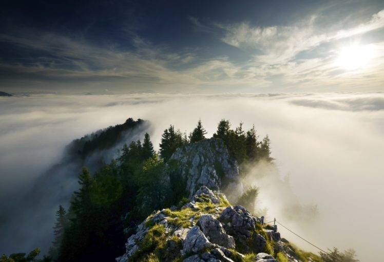 nature, Landscape, Mountains, Clouds, Trees, Rock, Mist, Forest, Sunlight HD Wallpaper Desktop Background