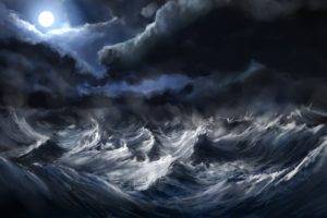 Alex Linde, Digital art, Nature, Landscape, Clouds, Sea, Waves, Storm, Moon, Moon rays, Painting, Artwork, DeviantArt