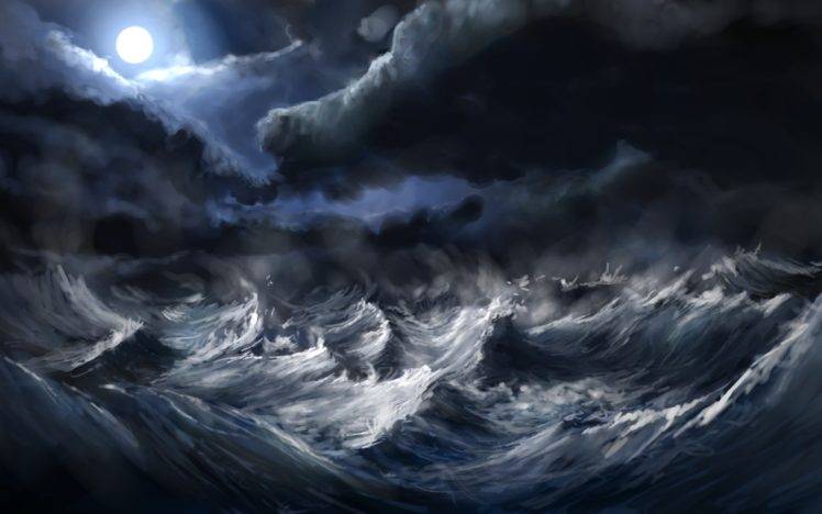 Alex Linde, Digital art, Nature, Landscape, Clouds, Sea, Waves, Storm, Moon, Moon rays, Painting, Artwork, DeviantArt HD Wallpaper Desktop Background
