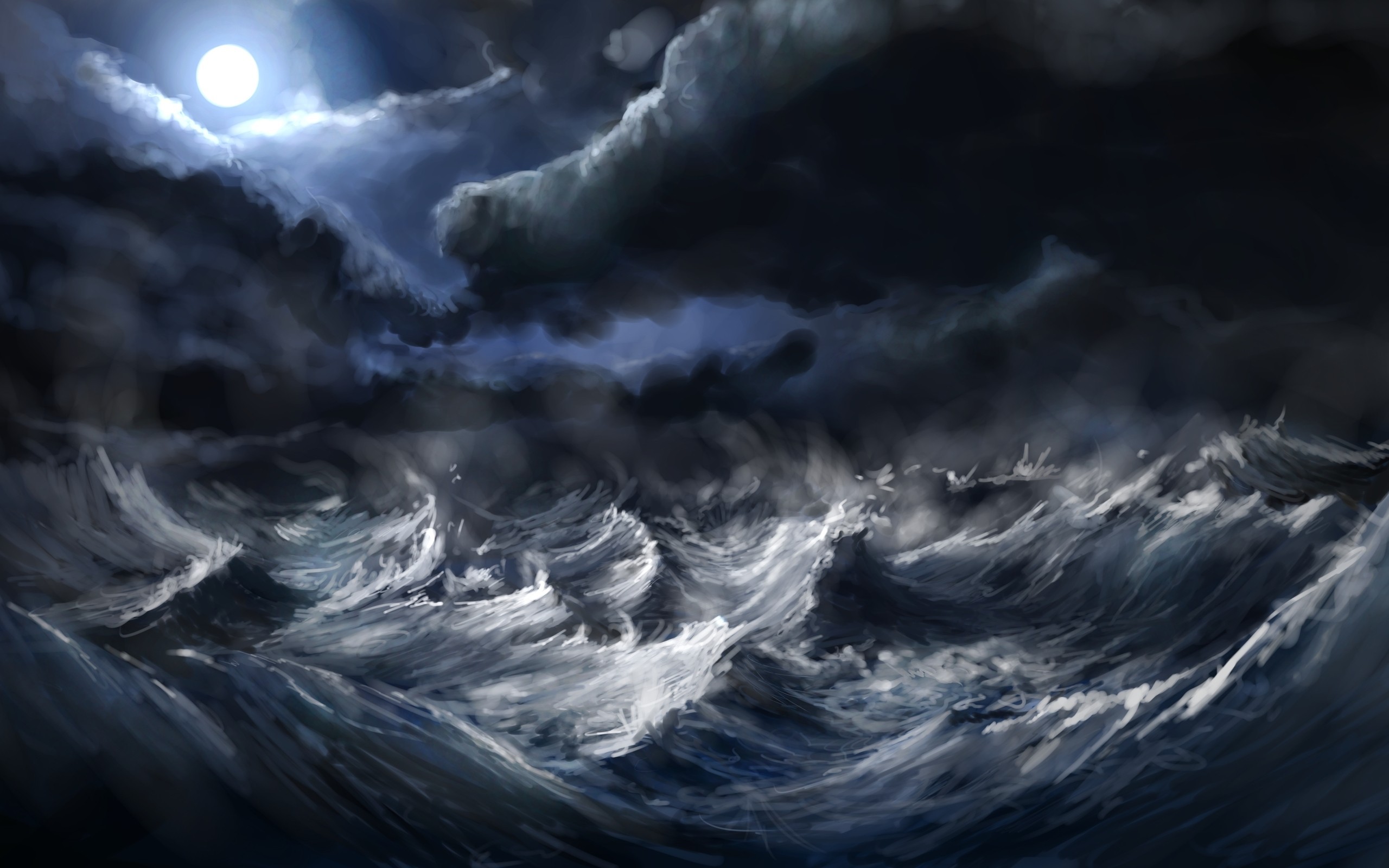 Alex Linde, Digital art, Nature, Landscape, Clouds, Sea, Waves, Storm, Moon, Moon rays, Painting, Artwork, DeviantArt Wallpaper