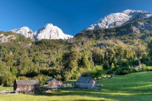 nature, Photography, Landscape, Mountains, Forest, Grass, Cabin, Hut, Spring, Morning, Sunlight, Snowy peak, Patagonia, Chile