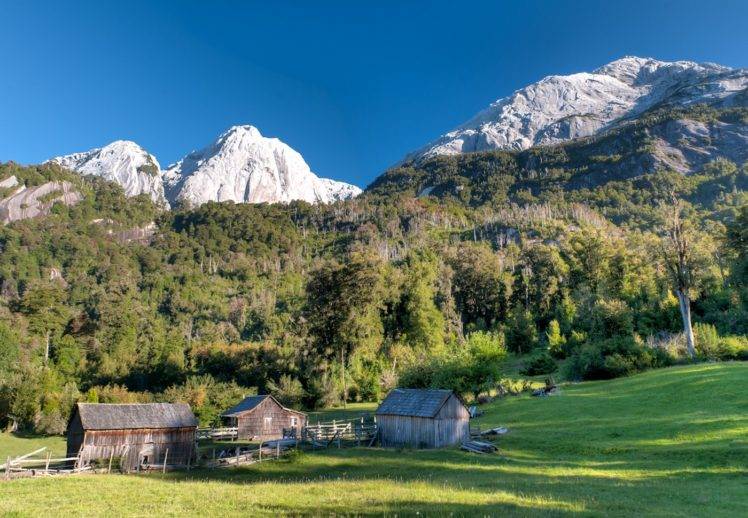 nature, Photography, Landscape, Mountains, Forest, Grass, Cabin, Hut, Spring, Morning, Sunlight, Snowy peak, Patagonia, Chile HD Wallpaper Desktop Background