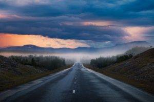 nature, Photography, Landscape, Road, Sunset, Mountains, Summer, Mist, Clouds, Sky, Trees, Asphalt, Finland
