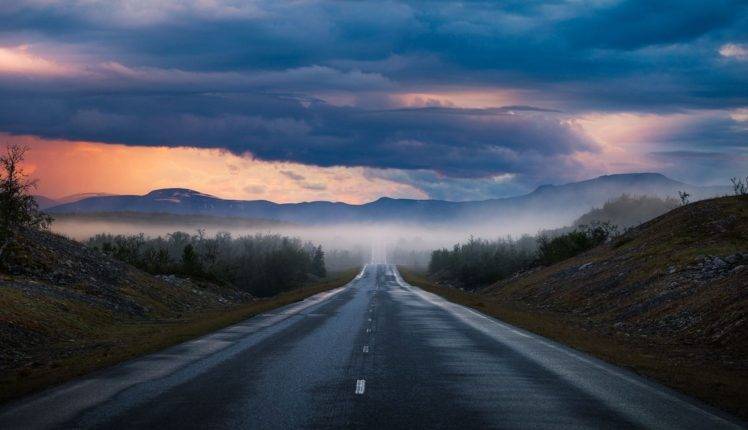 nature, Photography, Landscape, Road, Sunset, Mountains, Summer, Mist, Clouds, Sky, Trees, Asphalt, Finland HD Wallpaper Desktop Background
