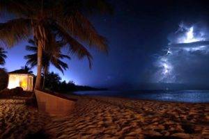 nature, Photography, Landscape, Palm trees, Beach, Sea, Sand, Storm, Lightning, Cocktails, Puerto Rico, Night