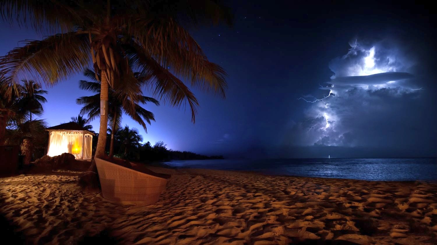 nature, Photography, Landscape, Palm trees, Beach, Sea, Sand, Storm, Lightning, Cocktails, Puerto Rico, Night Wallpaper
