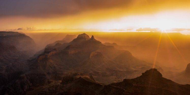 nature, Photography, Landscape, Desert, Sunset, Mist, Sun rays, Grand Canyon, Erosion HD Wallpaper Desktop Background