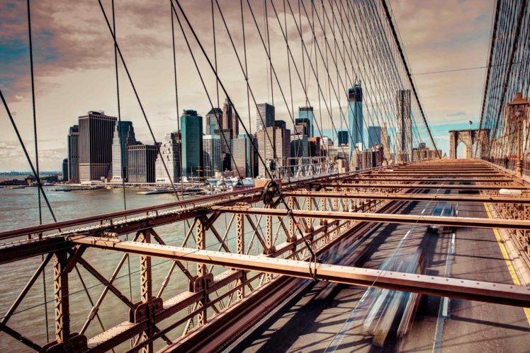 Brooklyn Bridge, Bridge, Car, Water, City, New York City, USA HD Wallpaper Desktop Background