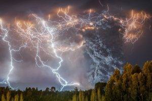clouds, Cataclysm, Thunder, Lightning, Russia, Trees