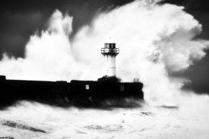 photography, Shore, Lighthouse, Waves, Monochrome