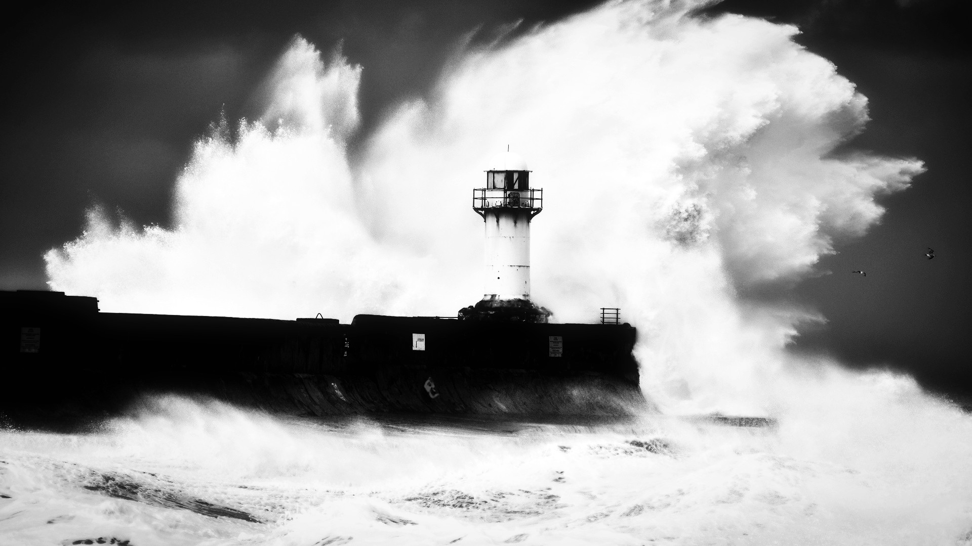 photography, Shore, Lighthouse, Waves, Monochrome Wallpaper