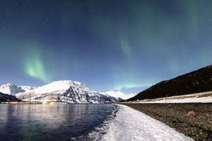 aurora  borealis, Landscape, Calm waters, Mountains