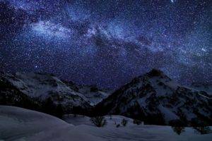 landscape, Mountains, Snow, Snowy peak, Stars, Night, Milky Way, Trees, Winter