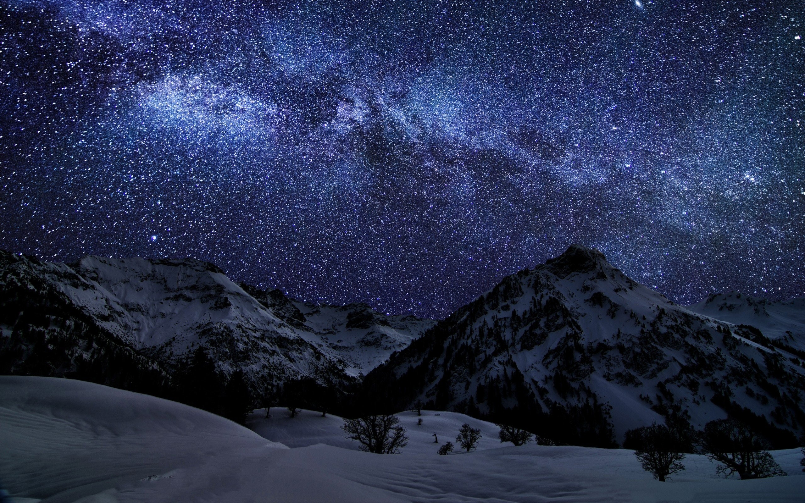 landscape, Mountains, Snow, Snowy peak, Stars, Night, Milky Way, Trees, Winter Wallpaper