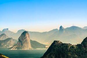 nature, Landscape, Rio de Janeiro, Brasil, Mountains, Cliff, Sea, Mist, Christ the Redeemer, Clear sky, Statue
