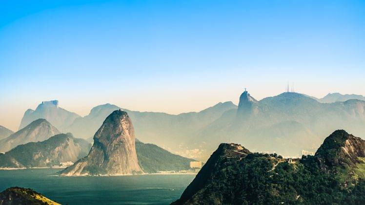 nature, Landscape, Rio de Janeiro, Brasil, Mountains, Cliff, Sea, Mist, Christ the Redeemer, Clear sky, Statue HD Wallpaper Desktop Background