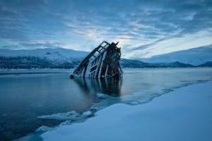nature, Landscape, Clouds, Shipwreck, Winter, Mountains, Snow, Water, Frozen river, Frost, Ice, Norway, Evening, Wood planks