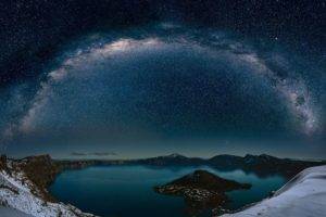 nature, Photography, Landscape, Winter, Snow, Milky Way, Starry night, Long exposure, Crater lake, Cold