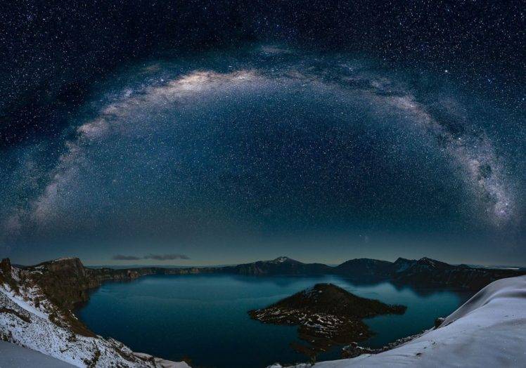nature, Photography, Landscape, Winter, Snow, Milky Way, Starry night, Long exposure, Crater lake, Cold HD Wallpaper Desktop Background