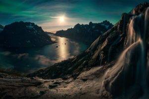 nature, Landscape, Photography, Mountains, Waterfall, Snow, Fjord, Moonlight, Starry night, Greenland, Aurorae, Long exposure, Max Rive, Clouds, Reflection