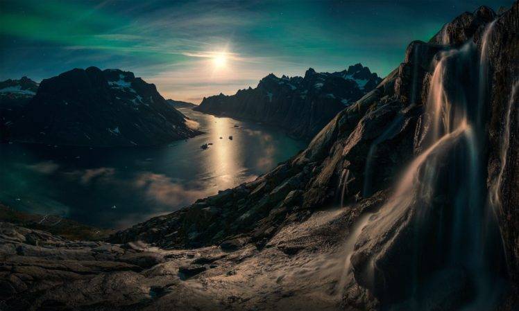 nature, Landscape, Photography, Mountains, Waterfall, Snow, Fjord, Moonlight, Starry night, Greenland, Aurorae, Long exposure, Max Rive, Clouds, Reflection HD Wallpaper Desktop Background