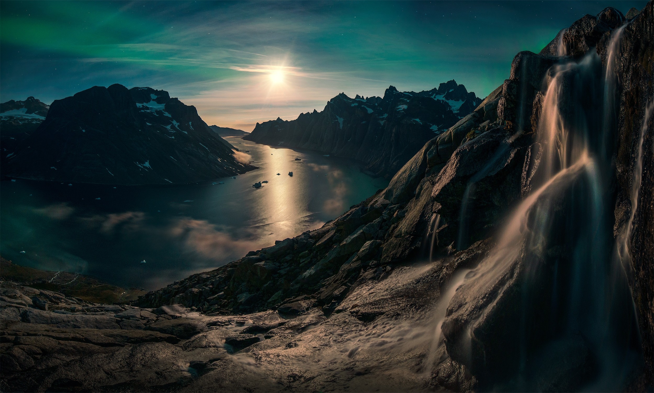 nature, Landscape, Photography, Mountains, Waterfall, Snow, Fjord, Moonlight, Starry night, Greenland, Aurorae, Long exposure, Max Rive, Clouds, Reflection Wallpaper