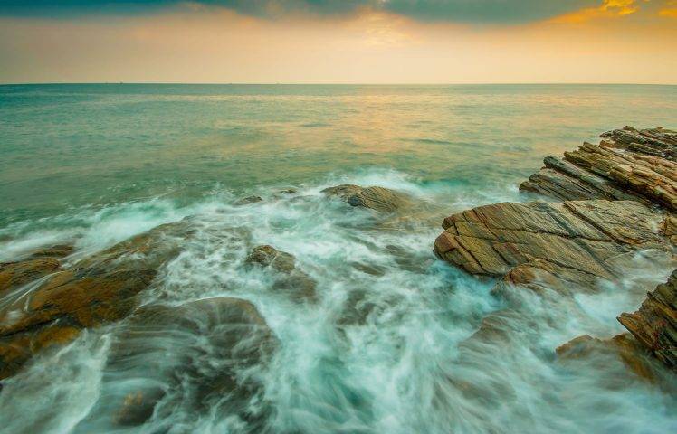 sea, Rocks, Waves, Water, Nature, Sky, Horizon HD Wallpaper Desktop Background