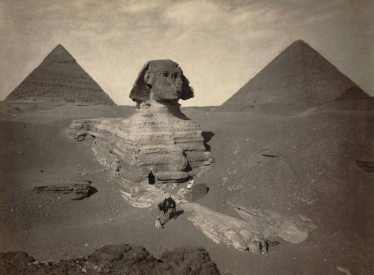 men, Nature, Landscape, Monochrome, Vintage, Old photos, Historic, Egypt, Pyramid, Sphinx, Pyramids of Giza, Sphinx of Giza, Camels, Desert, Sand HD Wallpaper Desktop Background