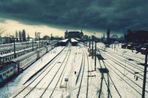railway, Snow, Locomotive, Train station, Clouds, Power lines, Istanbul