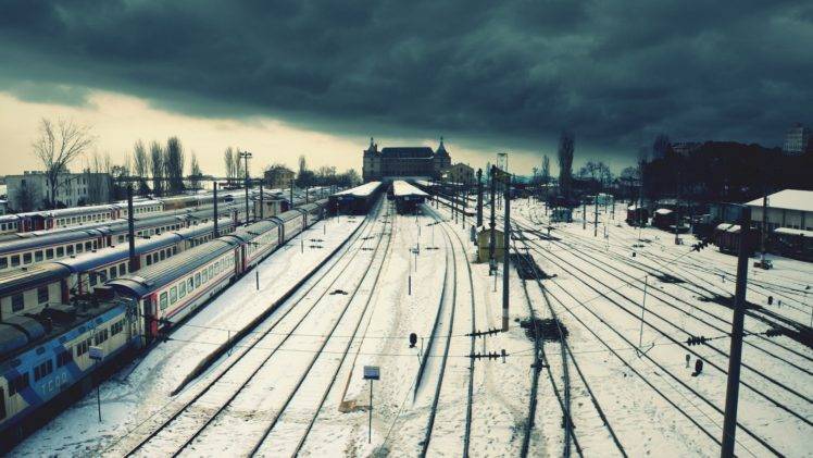 railway, Snow, Locomotive, Train station, Clouds, Power lines, Istanbul HD Wallpaper Desktop Background
