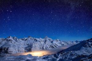 Switzerland, Stars, Snow, Landscape, Alps, Long exposure, Mist, Mountains