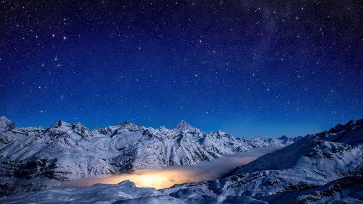 Switzerland, Stars, Snow, Landscape, Alps, Long exposure, Mist, Mountains HD Wallpaper Desktop Background