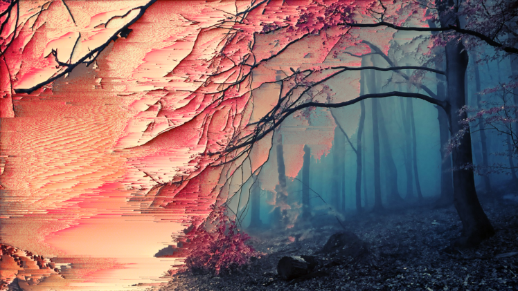 glitch art, Sakura (tree), Forest, Trees HD Wallpaper Desktop Background